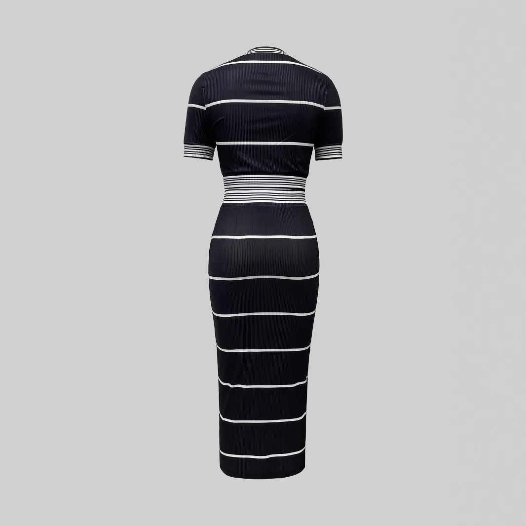 Women's Elegant Retro Short Ribbed Bodycon Skirt Set High End Sexy Short Sleeved Top Bottom Ensemble For Summer_ecoleips.com