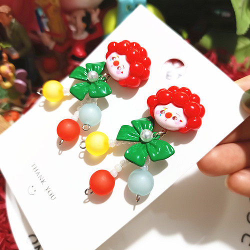 手作反斗马戏团小丑搞怪泡面头小丑磨砂串珠卡通925银耳环耳饰女