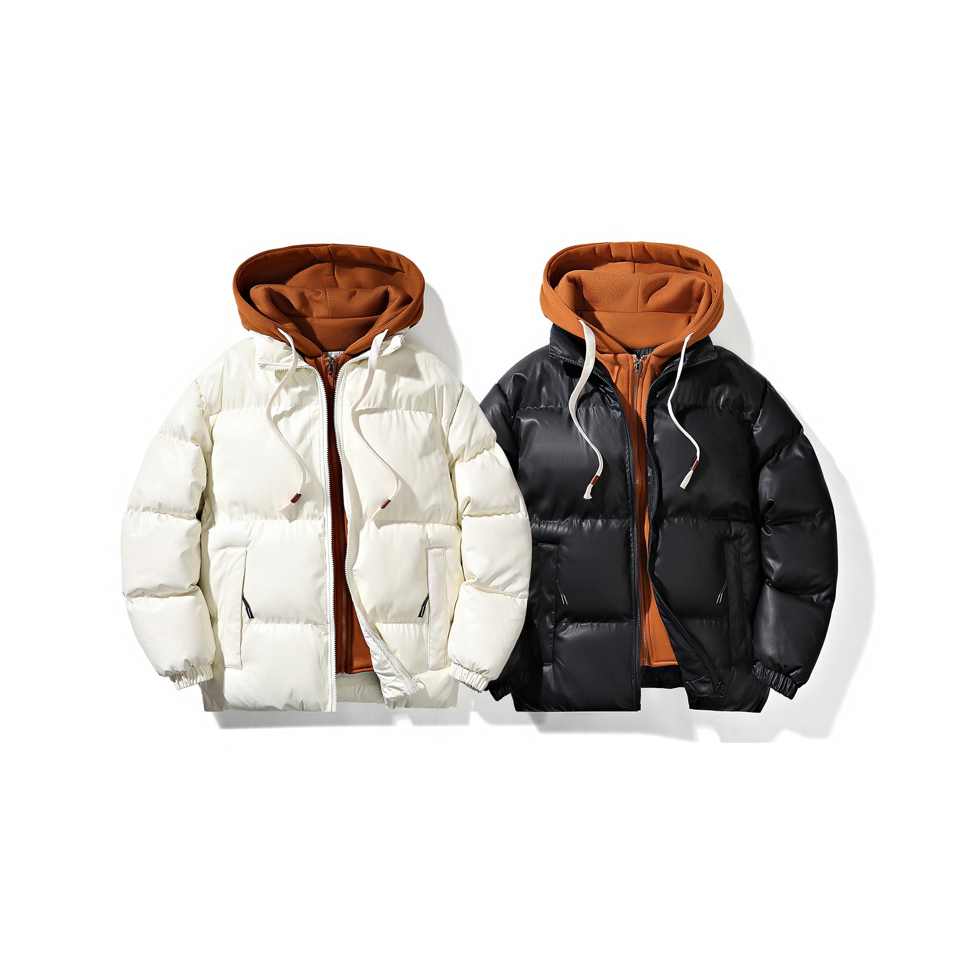28188 New PU leather faux two-piece hooded down cotton jacket for men, thickened high-quality outerwear for teenagers