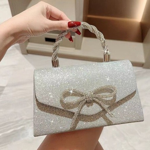 Cross-Border Party Dress Clutch Bag Versatile Handbag for Women Fashion Rhinestone Bow Evening Bag Sequin European and American Chain Bag
