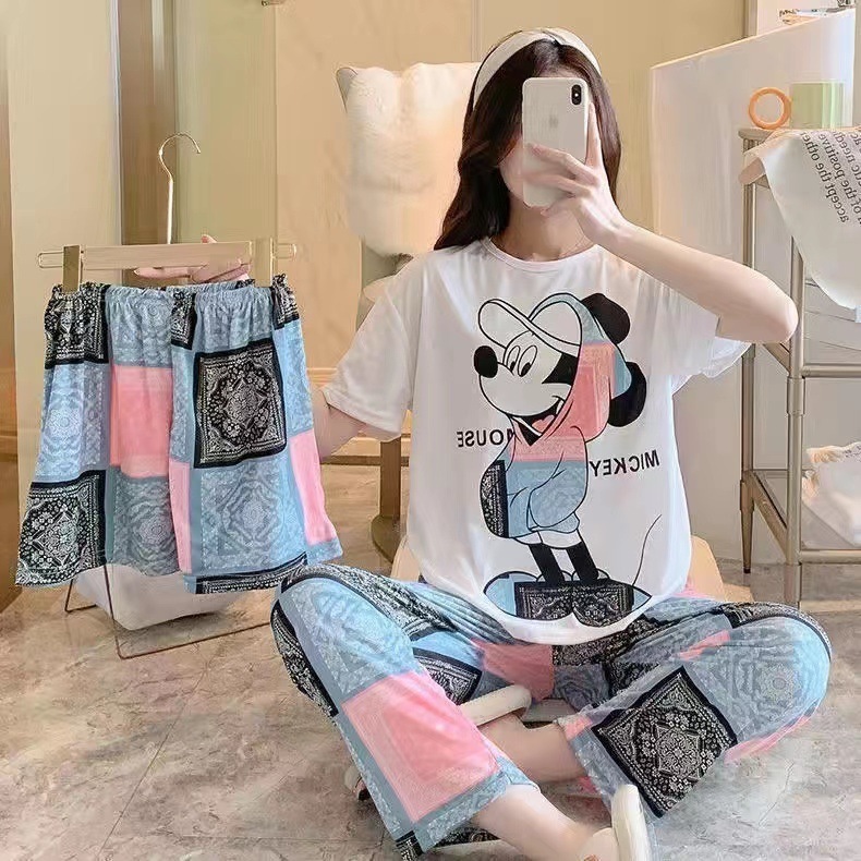 Pijama de verano de mujeres delgado en línea popular estilo coreano estudiantes dulces lindos vestidos para el hogar de mujeres se pueden usar con tres piezas