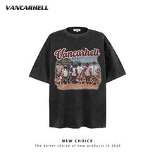 美式复古潮牌水洗做旧人物印花短袖T恤男oversize宽松情侣半袖衫