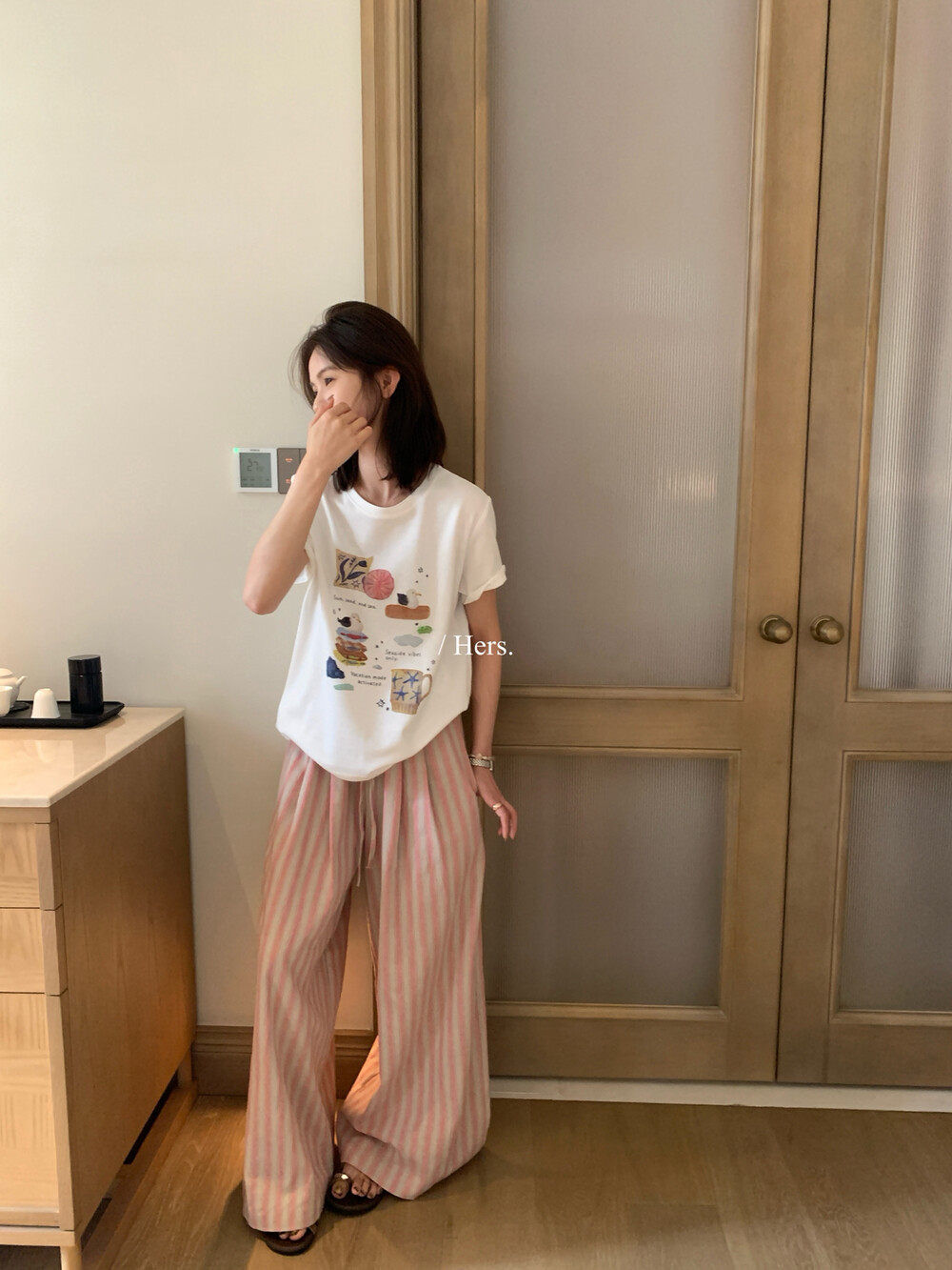 Quần culottes nữ ống rộng cạp cao sọc kẻ dáng dài suông rộng phong cách thư giãn — màu hồng chi tiết 8