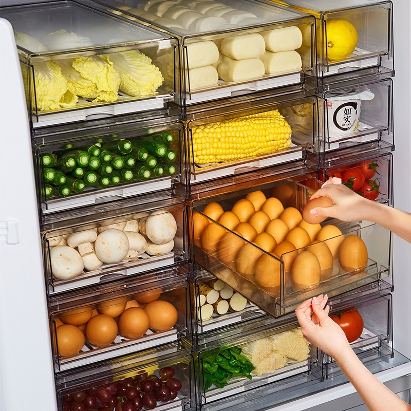 冰箱收纳盒抽屉式透明pet蔬菜肉类沥水食物长方形保鲜盒水果冷冻|ru