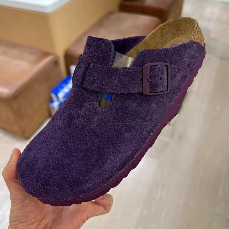 [in Stock] Purple Women's Half-Slipper Flat Comfortable Slip-On Genuine Leather Height-Increasing Thick-Soled Birkenstock-Style Shoes
