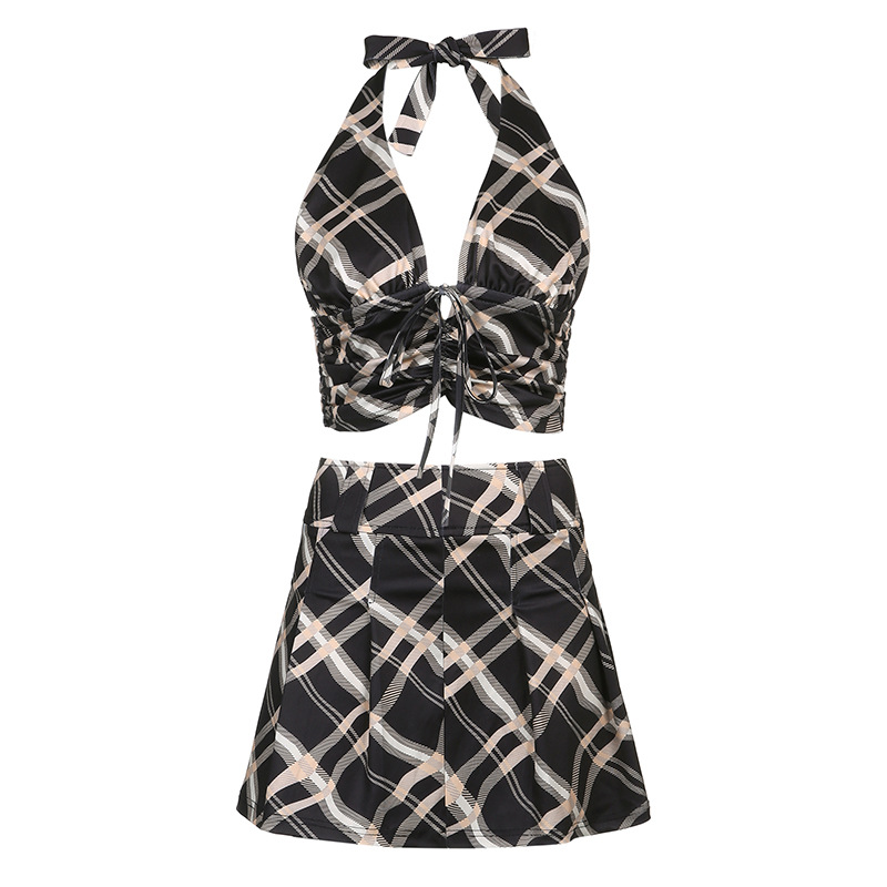 checkered bandage halter vest & short skirt or pants NSKAJ53521