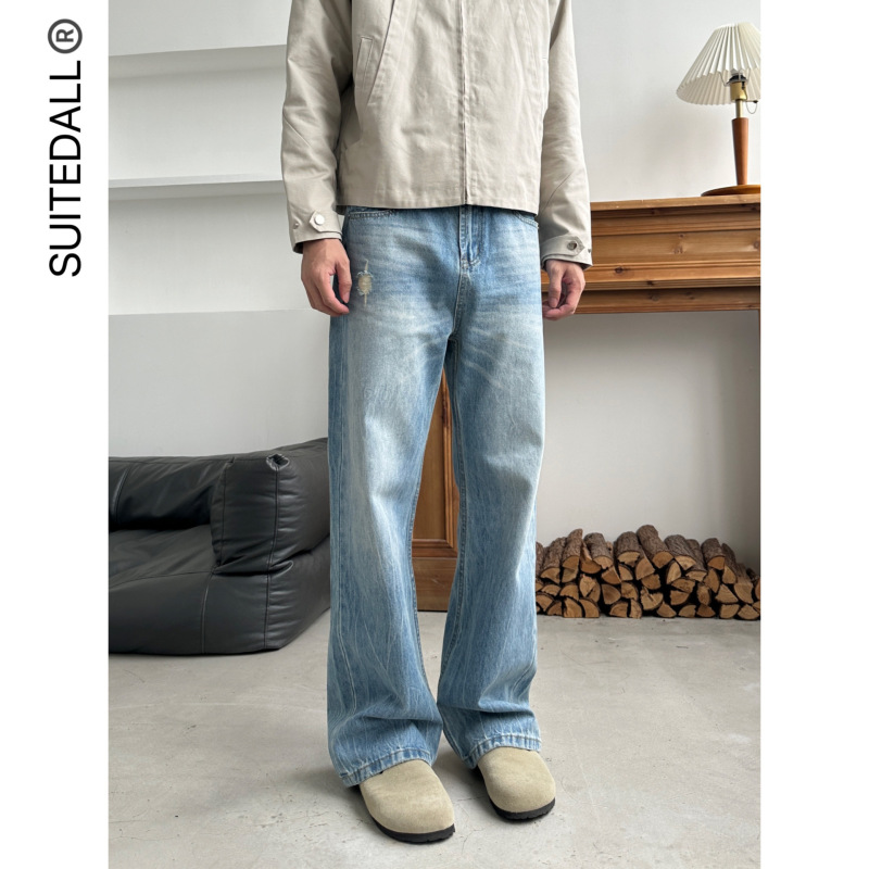 Light Blue Lightning Pattern Jeans for Men, Straight-Leg, Slightly Flared, Ripped Jeans for Men and Women, Loose Wide-Leg Pants