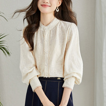 棉茧 珍珠扣杏色衬衫女长袖2025春装圆领绣花上衣纯棉气质衬衣