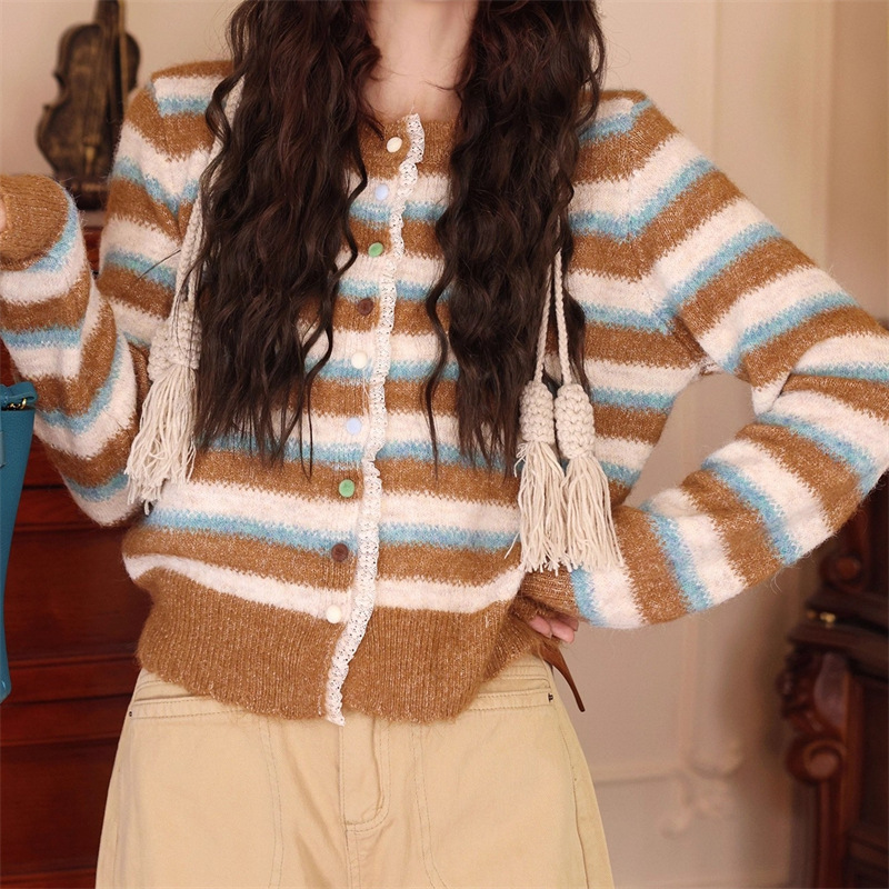 2026 New Korean Style Contrasting Color Retro Striped Lace Trim Knit Sweater Cardigan for Women Spring and Autumn Women's Clothing