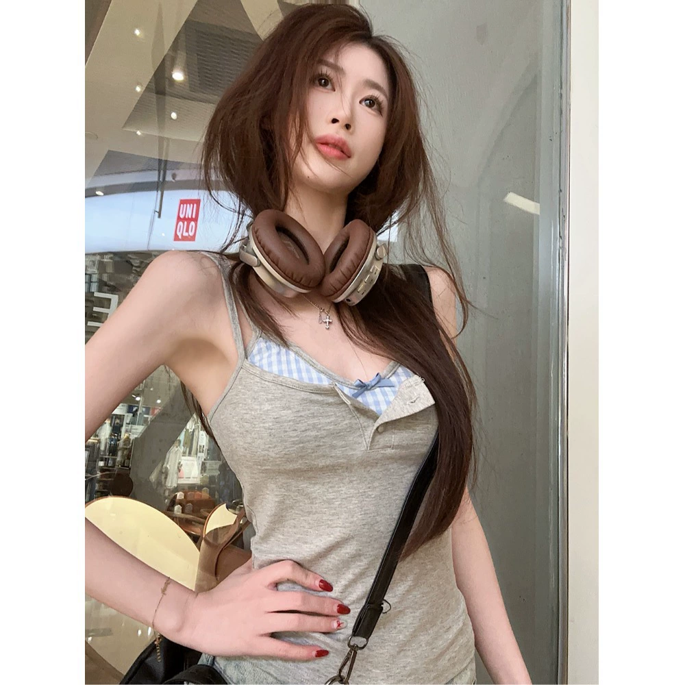 Pure Desire модный костюм для горячих девушек, женский летний новый клетчатый внутренний бюстгальтер, однотонный многослойный камзол, искусственные две части