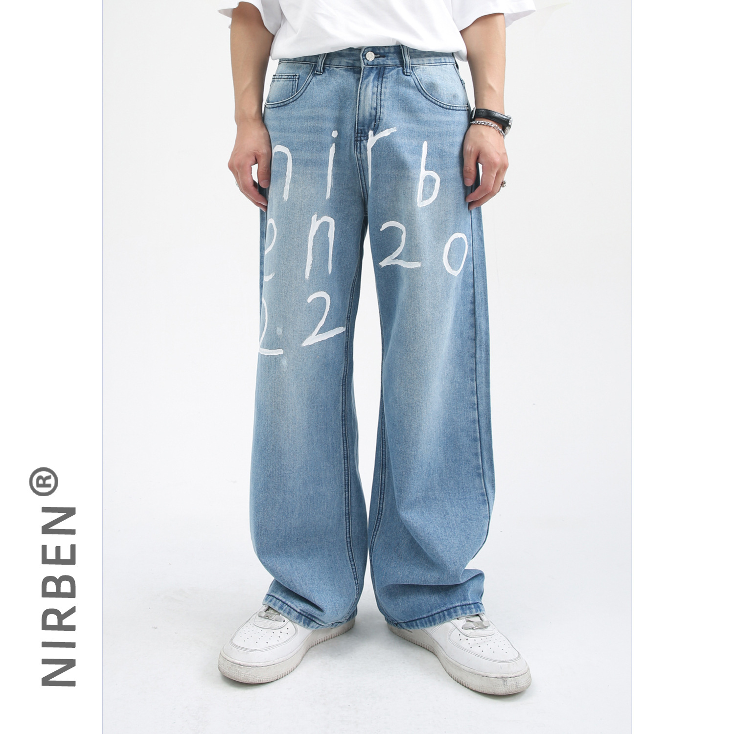 nirben牛仔| 时尚手工绘字母设计牛仔裤韩版宽松直筒阔腿长裤