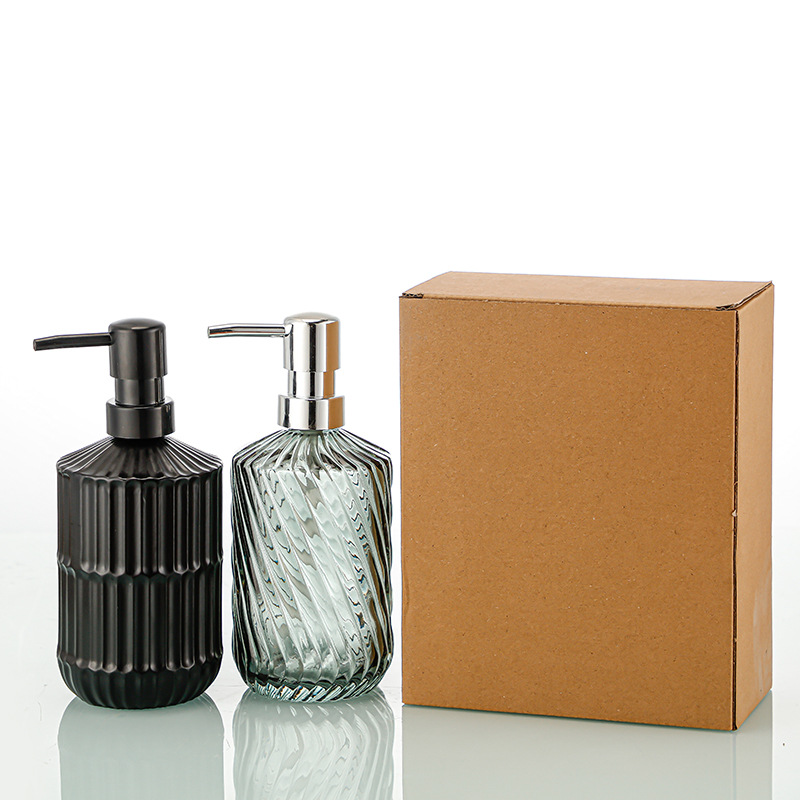 Inventario de lujo nórdico transparente estriado vertical presión cabeza de bomba botella de jabón de gel de baño botella de vidrio