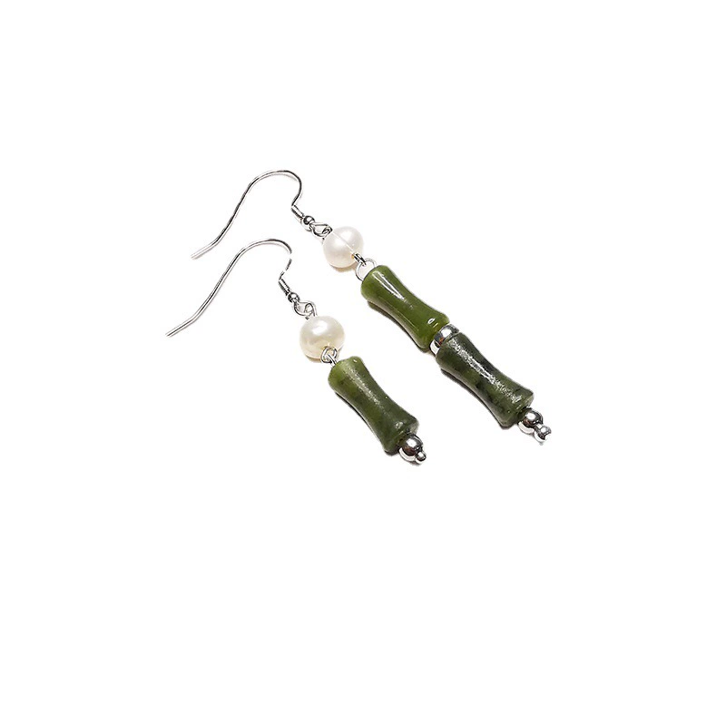 925 Silver Olive Jade Bamboo Sexual Ear Hook Chinese Wind New Chinese Bamboo Ear Hook Natural Olive Jade Advanced