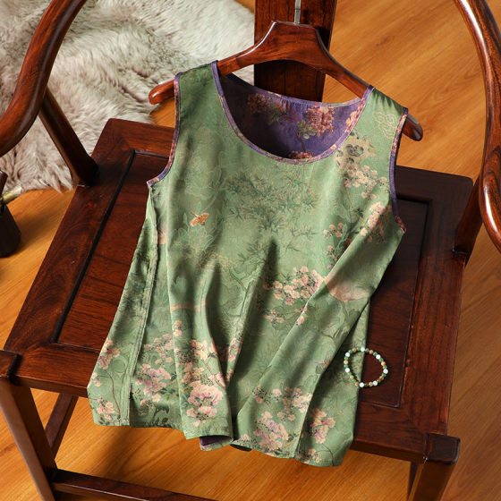 2023 Summer Printed Silk Round Neck Camisole Vest Women's Commuter Inner Xiangyun Yarn Satin Sleeveless Pullover Top