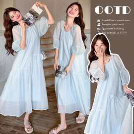 现货2025春夏防晒长袖新款气质长款孕妇连衣裙甜美