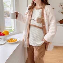 2024新款月子服冬季加厚加绒三件套长袖孕妇哺乳睡衣女怀孕期