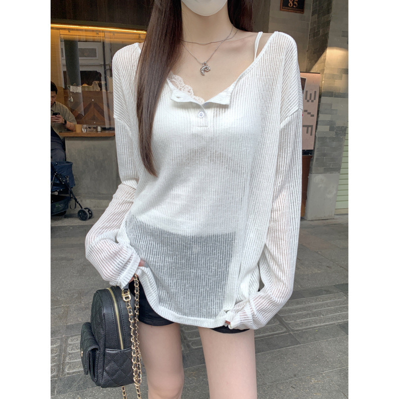 In-Stock Real Shot Summer Korean Version Loose Button Back Tie Design Tencel Sun Protection Long-Sleeve T-Shirt Top