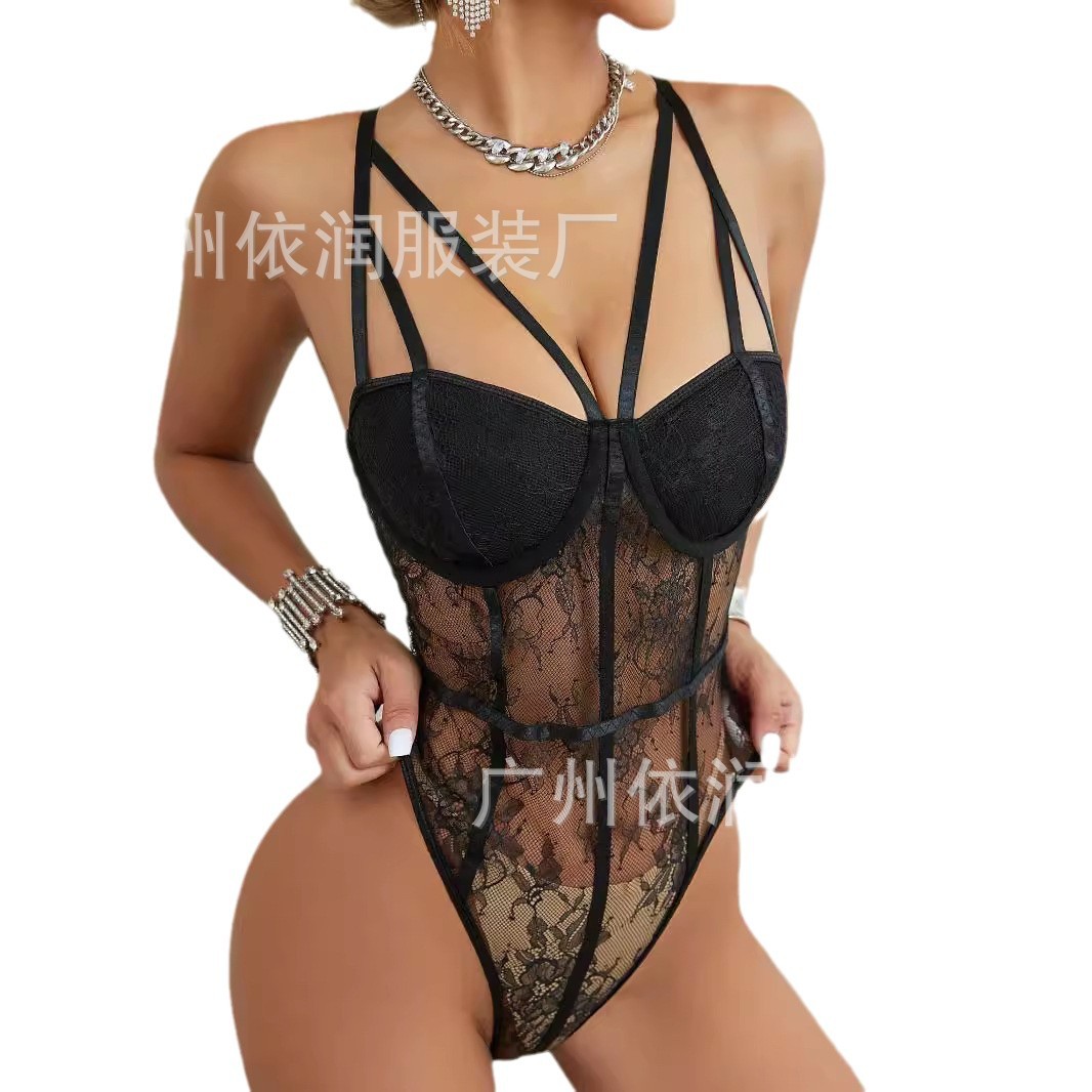 Body de Encaje Transparente con Aros, Estilo Europeo y Americano, Ajustado y Sexy para Mujer, Otoño 2024