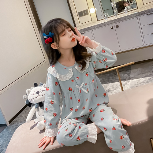Children's Long Sleeve Sleepwear Girls' Cotton Home Wear Set Autumn Medium and Large Children's Little Girl Spring and Autumn Cartoon Air Conditioning Suit 