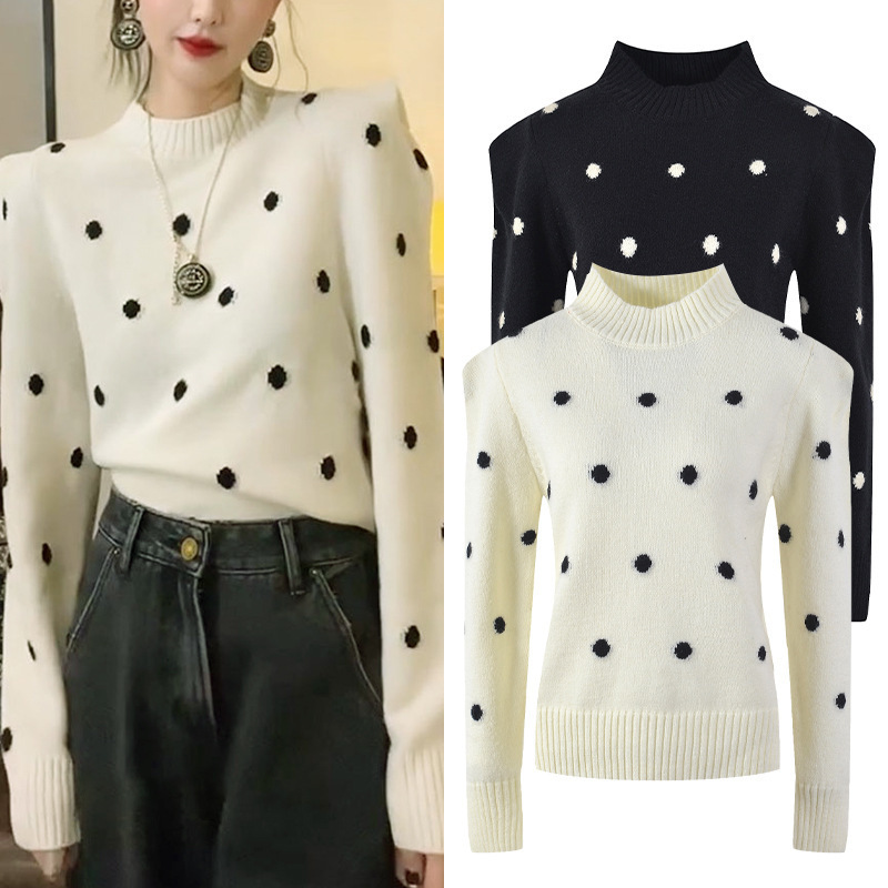 2022 Autumn New Korean Style Half-High Collar Polka Dot Contrast Color Simple Casual Fashion Puff Shoulder Knit Sweater