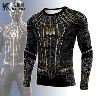 2025 New Export Marvel Spider Web Print Black Gold Battle Suit Tight-Fitting Long-Sleeved T-Shirt Men's Sports Fitness Quick-Drying Clothing