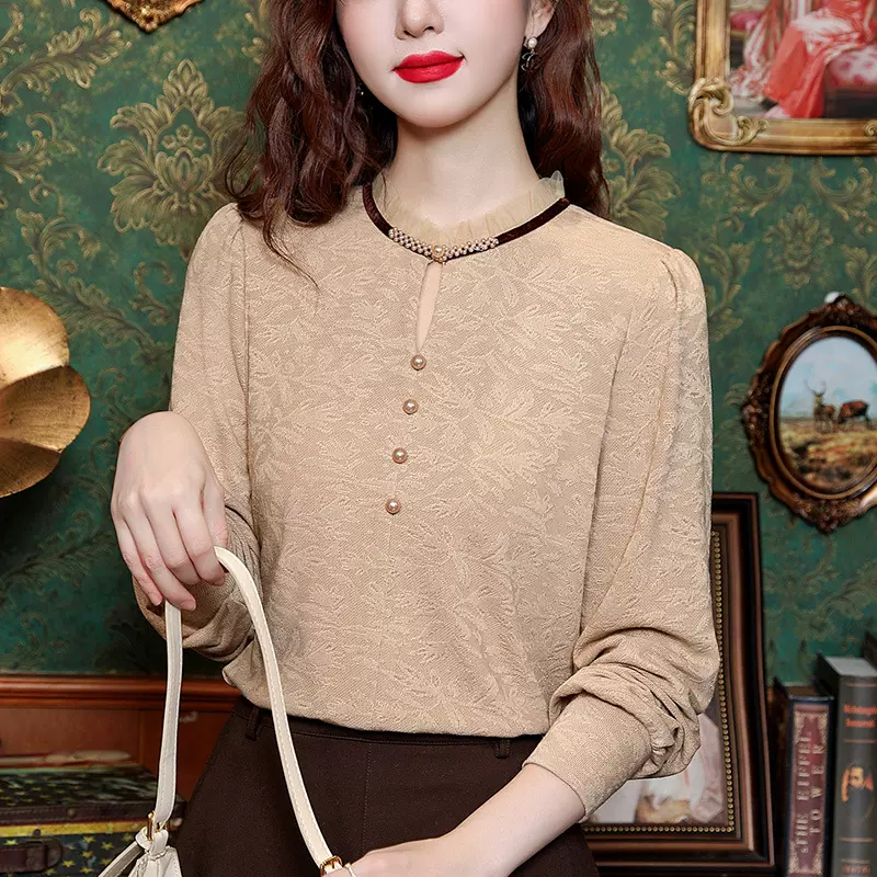 法式蕾丝针织打底衫女装长袖秋冬季新款内搭加绒小衫洋气妈妈上衣