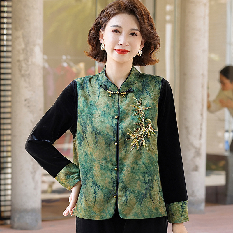 妈妈秋装新中式套装阔太太国风马甲上衣中老年女装气质丝绒三件套|undefined