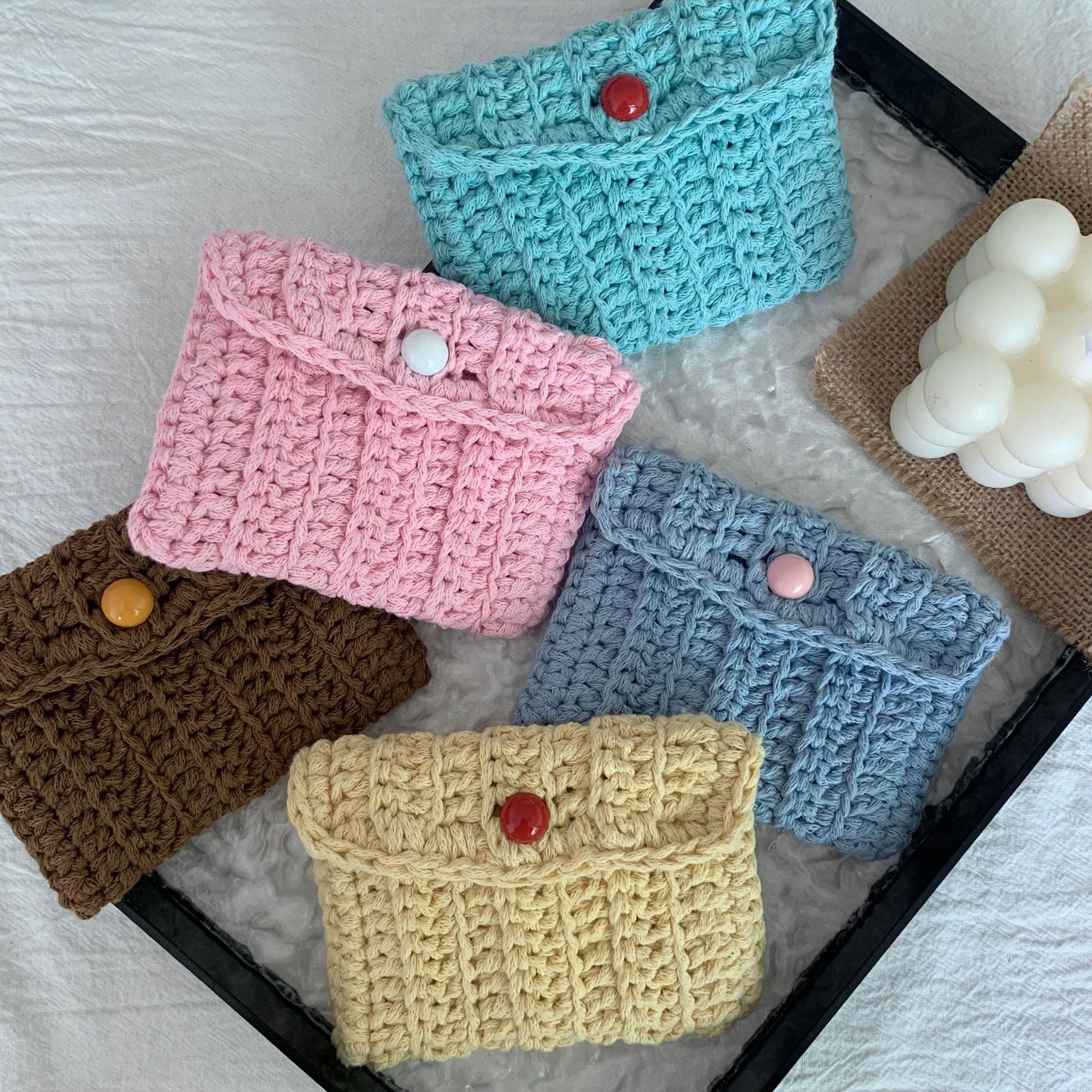 成品毛线手工编织条纹纯棉卡包零钱包随身携带创意公交卡套ins