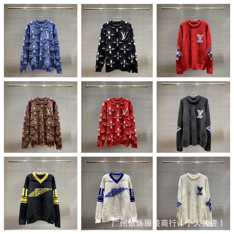 Authentic Version Trendy Brand Lv Round Neck Chest Patchwork Loose Unisex Short-Sleeve Knit Long-Sleeve Sweater Cross-Border Trade Authentic Version Trendy Brand Lv Round Neck Chest Patchwork Loose Unisex Short-Sleeve Knit Long-Sleeve Sweater Cross-Border Trade