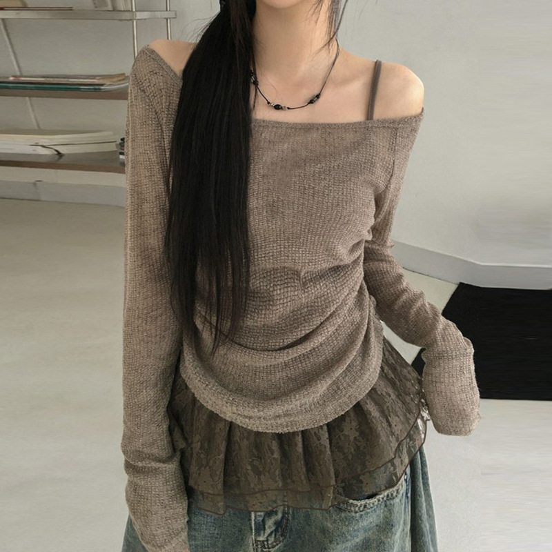 韩系甜美斜肩蕾丝拼接抽褶显瘦长袖T恤简约纯色修身日常休闲上衣|undefined