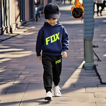 潮流2件套男童连帽卫衣和长裤FOX字母图案印花套装适合秋冬穿着潮
