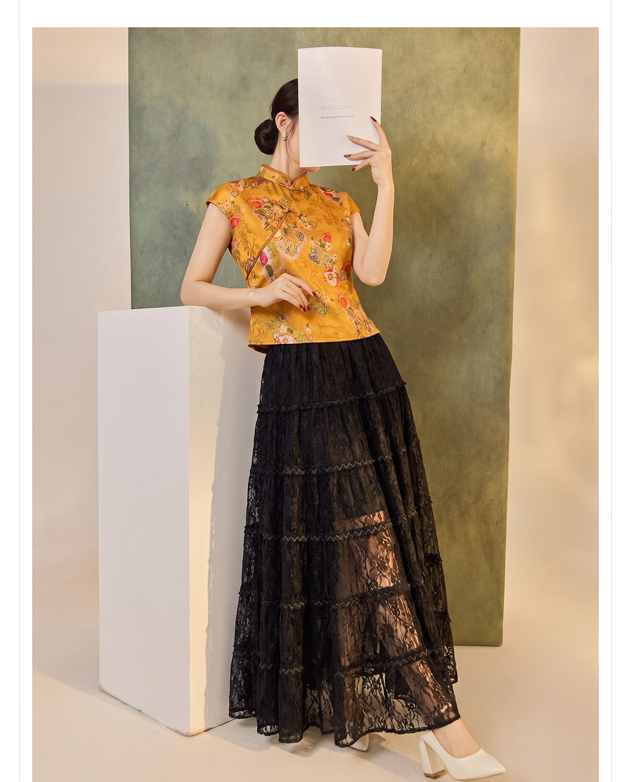 Váy dài ren cao eo nữ — Mực đen, Gạo trắng chi tiết 11