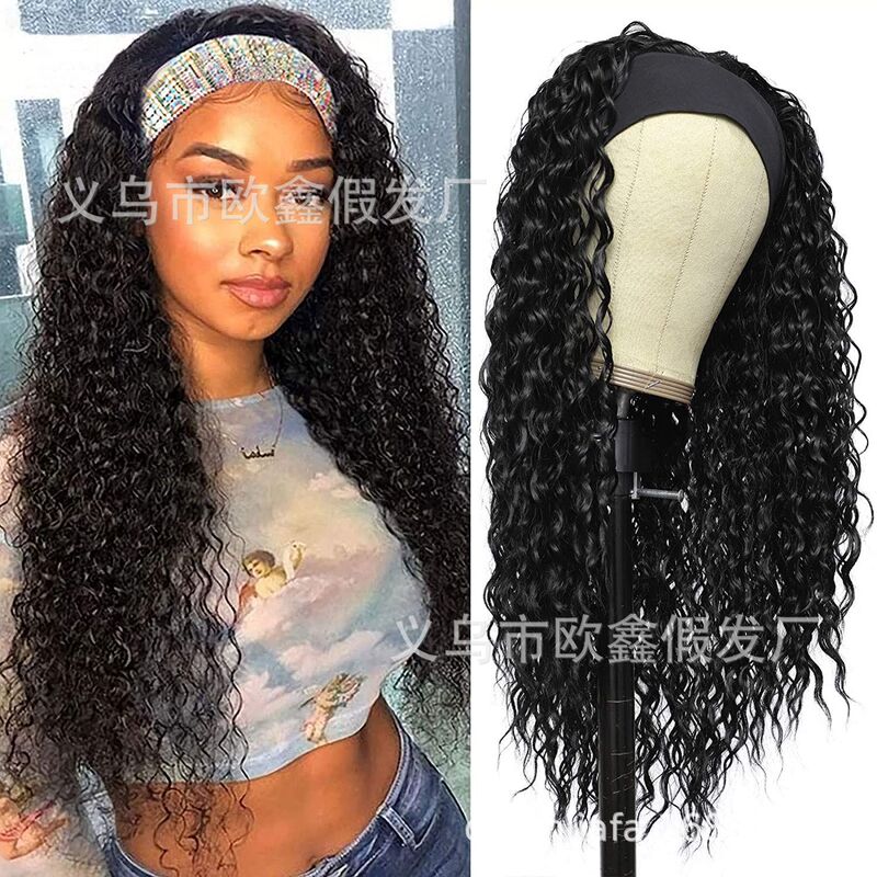 European and American Headband Wig Women's African Fashion Headscarf Black Small Roll Medium Curly Hair Chemical Fiber Hair Big Wave Gradient Color
