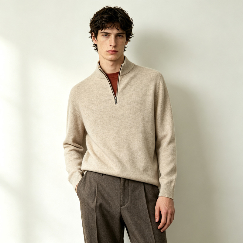 Xizima Old Money Style 100% Cashmere Autumn/Winter Men's Pullover Half-Zip High Collar Casual Knit Cashmere Sweater Xizima Old Money Style 100% Cashmere Autumn/Winter Men's Pullover Half-Zip High Collar Casual Knit Cashmere Sweater