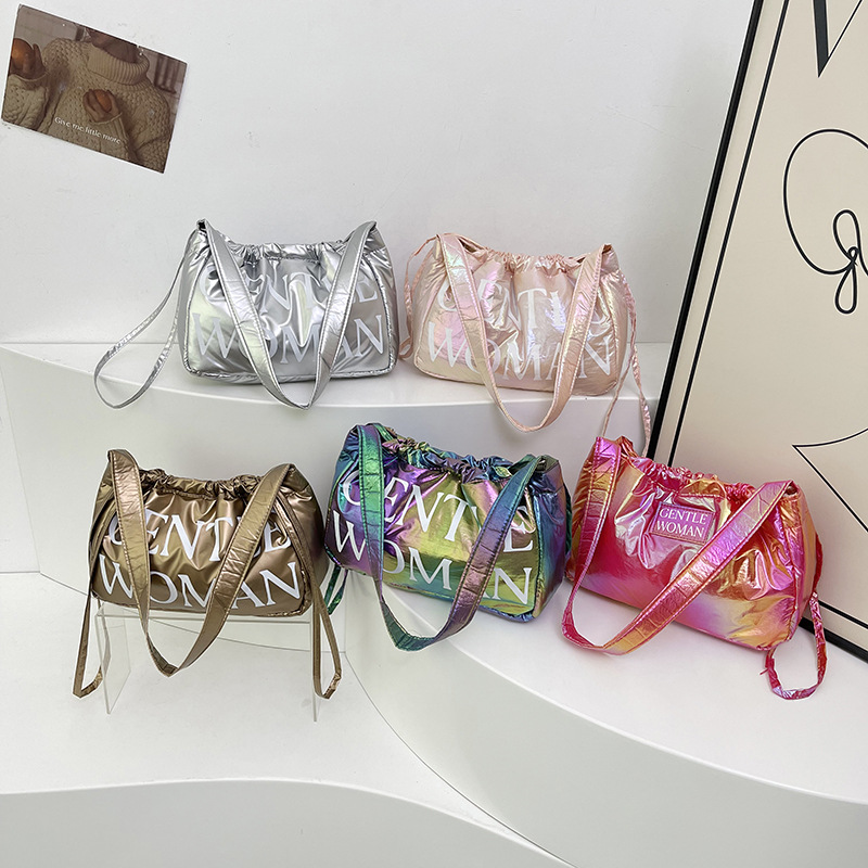 Candy colored new letter printed drawstring shoulder niche design dumpling women's armpit bag_voghion.com