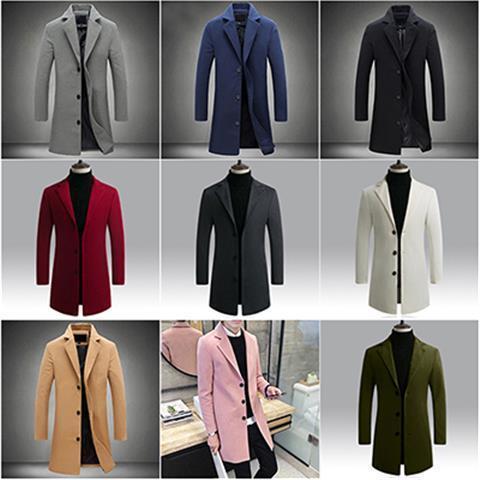 Stylish trendy coat: handsome mid-length wool overcoat, men's trench coat, slim-fit versatile suit in gray—perfect for evening events.