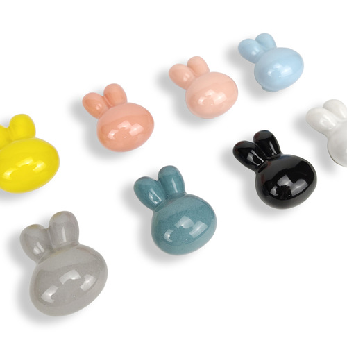 Wholesale little rabbit ceramic handle cute cupboard wardrobe door handle children's solid wood drawer handle single hole no punching