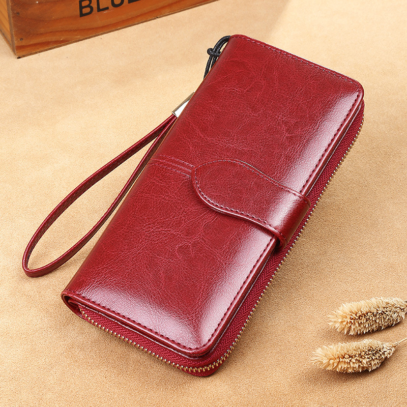 Amazon Explosive Wax Leather Long Women's Genuine Leather Zipper Wallet Large Capacity Multifunctional Clutch Bag Wallet