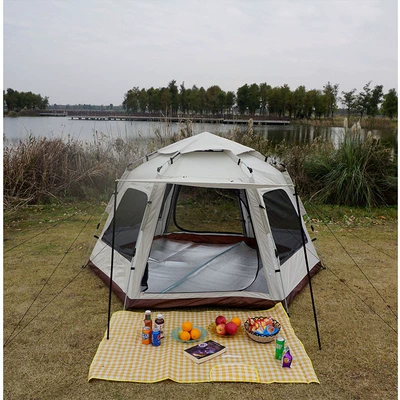 Tent Outdoor Automatic Quick-Opening Folding Hexagonal Tent for Camping, Suitable for 5-8 People, Rainproof, Sunshade, and Windproof (Avtomobil dam çadırları) - hexagonal-off-white-brown-bottom-medium-size-240210135cm