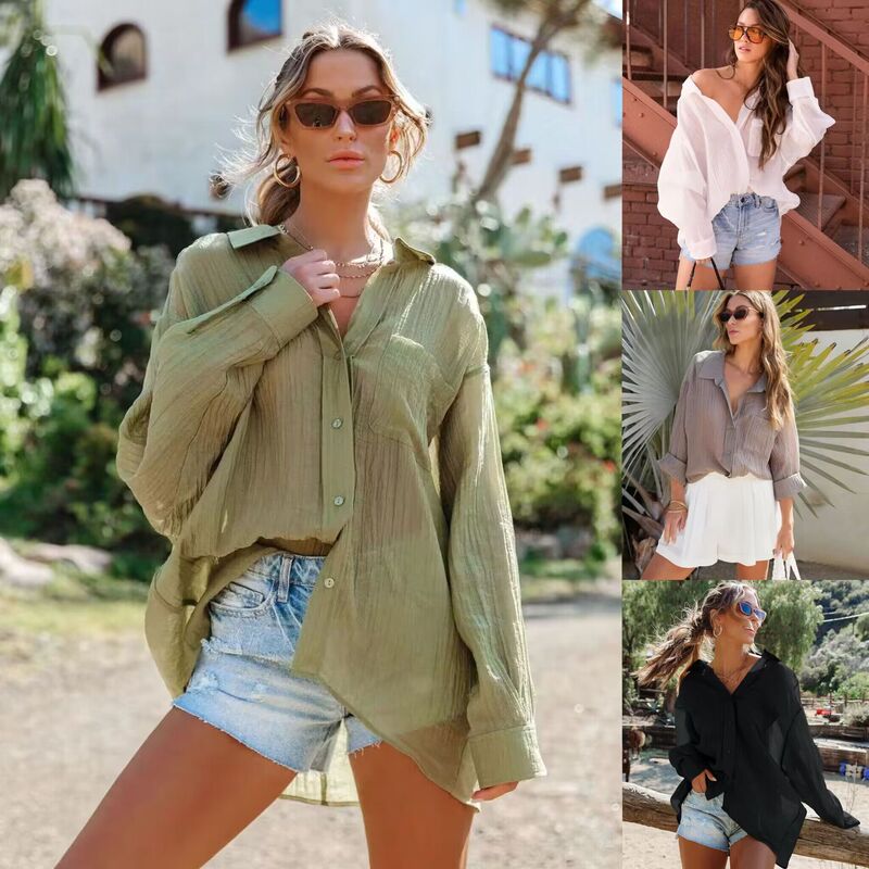 Cross-border Hot Selling AliExpress European and American Wrinkle Cloth Loose Casual Beach Bikini Sun Protection Casual Shirt Blouse