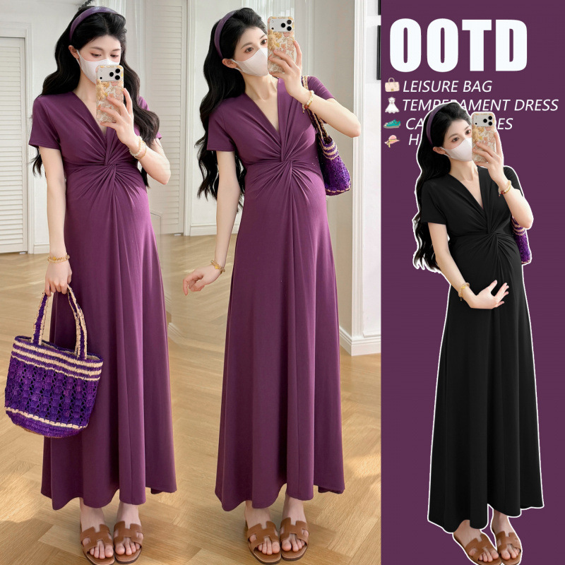 Maternity Wear, Knitted Cotton, Elegant Summer French-Style V-Neck Design, Fashionable Dress, Slim-Fitting Long Dress for Pregnant Mothers Maternity Wear, Knitted Cotton, Elegant Summer French-Style V-Neck Design, Fashionable Dress, Slim-Fitting Long Dress for Pregnant Mothers