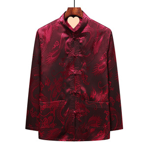 Middle-Aged and Elderly Tang Suit Men's Dad's Spring and Summer Clothes for the Elderly, Grandpa's Chinese Style Thin Long-Sleeved Shirt, Ice Silk Han Dynasty