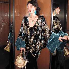 秋冬新款 新中式金丝绒撞色外套+拼接连衣裙套装女高级感秋季套装
