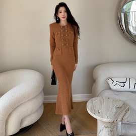 冬季新品女装长袖圆领华夫格针织美拉德连衣裙毛线打底内搭长裙子