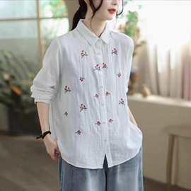 双层棉纱衬衫 2025秋季新款 文艺长袖单排扣上衣女小清新刺绣衬衣