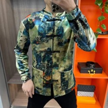 秋季新款男士新中式国风盘扣时尚潮流山水画丝绒百搭修身唐装外套