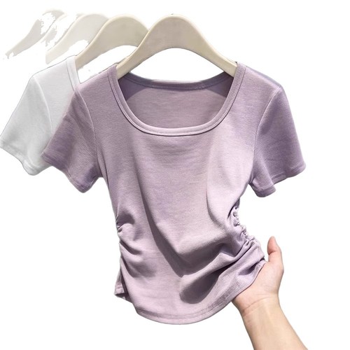 Women's Summer 2025 Purple Short Sleeve T-shirt Square Collar Fitted Pure Color Waist-baring Short Top Bodysuit