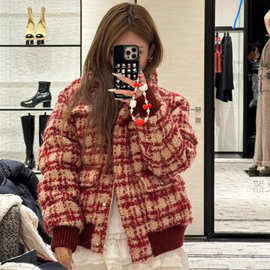 鼎版高订货~25冬季新品红棕色格纹小香风棉服外套女