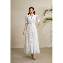 法式气质单排扣西装领短袖连衣裙女夏季欧美重工刺绣收腰显瘦长裙