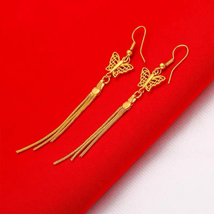 Authentic Women's 24 Plated Sand Gold Wedding Butterfly Earrings Sha Gold Butterfly Chinese Tassel Earrings Earrings Long Decoration